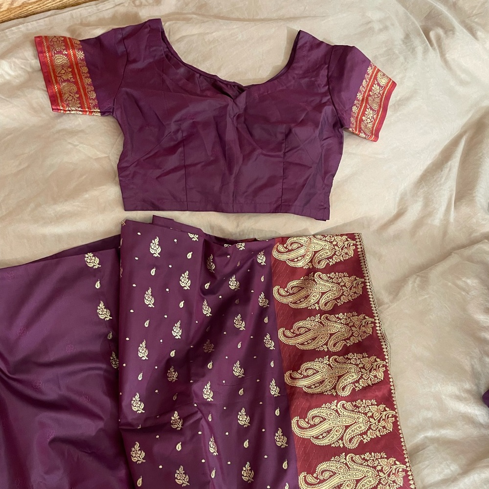 Purple Indian Saree Dress with stitched blouse